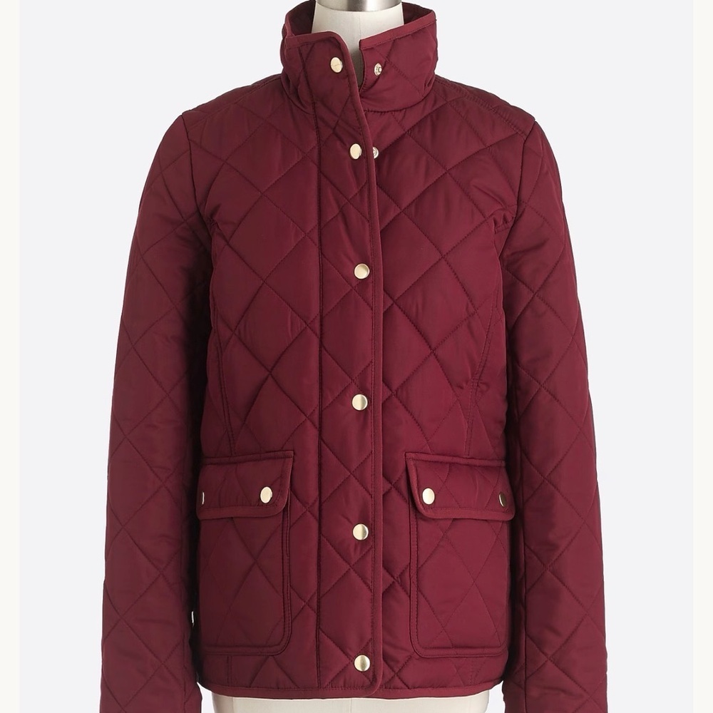 J. Crew Quilted Wine Red Puffer Jacket with Stand Collar